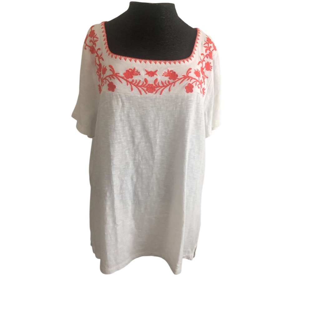Talbots White Top with Red Embroidered Yoke